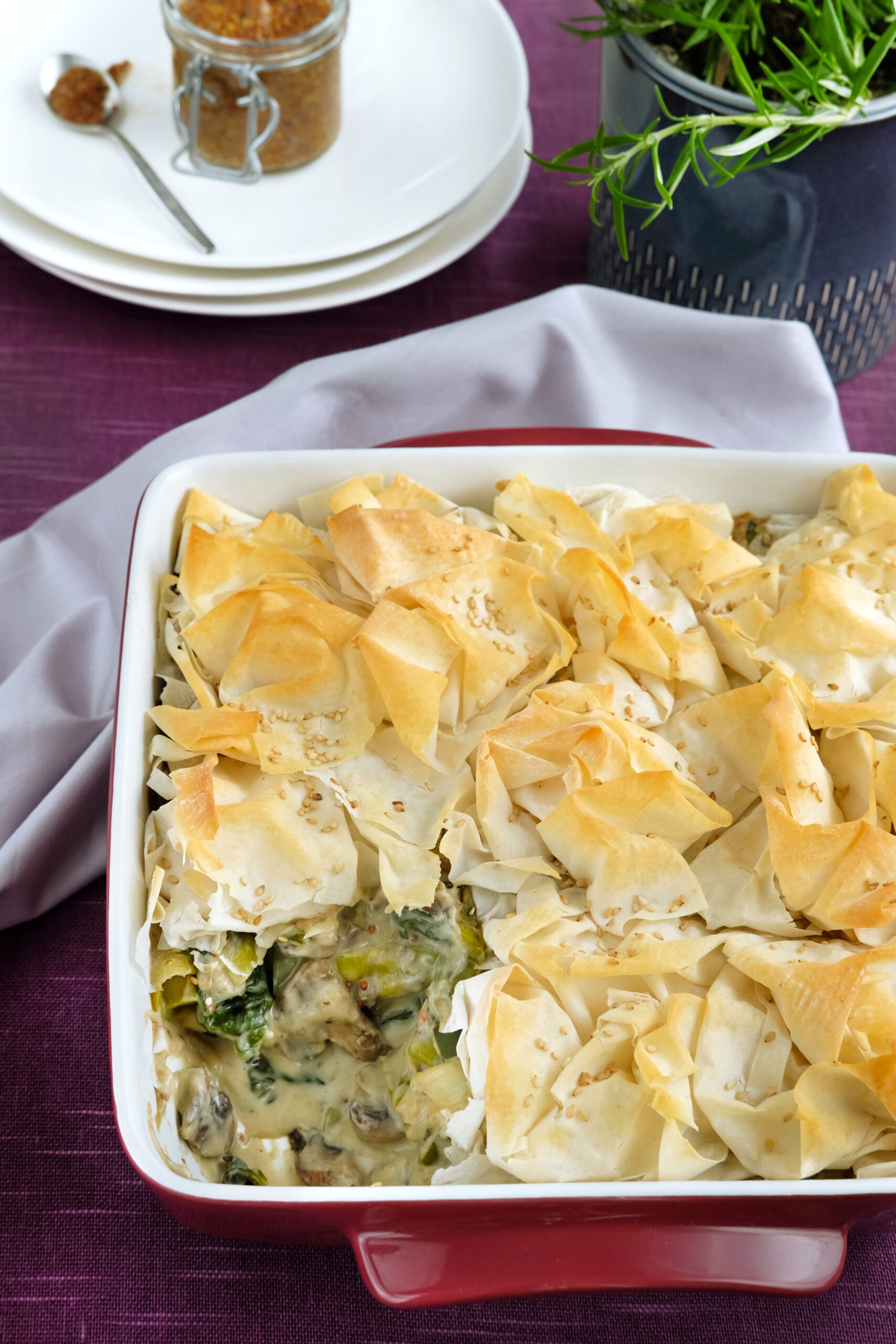 Filo pie in a baking dish