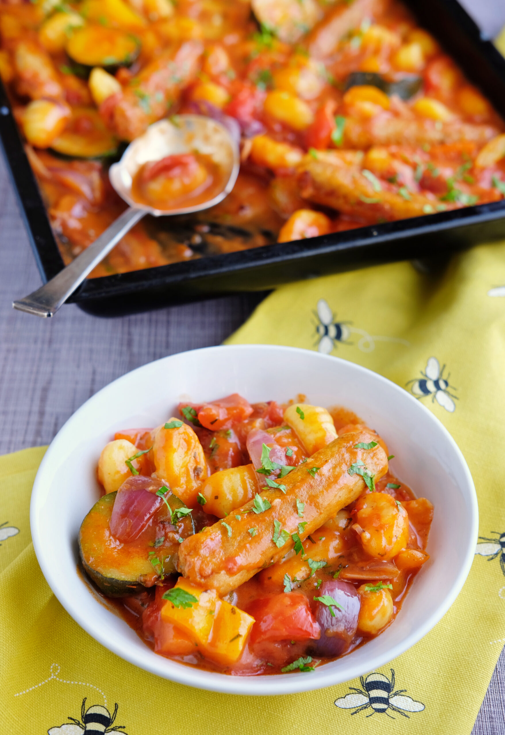 Sausage and gnocchi bake served in a bowl