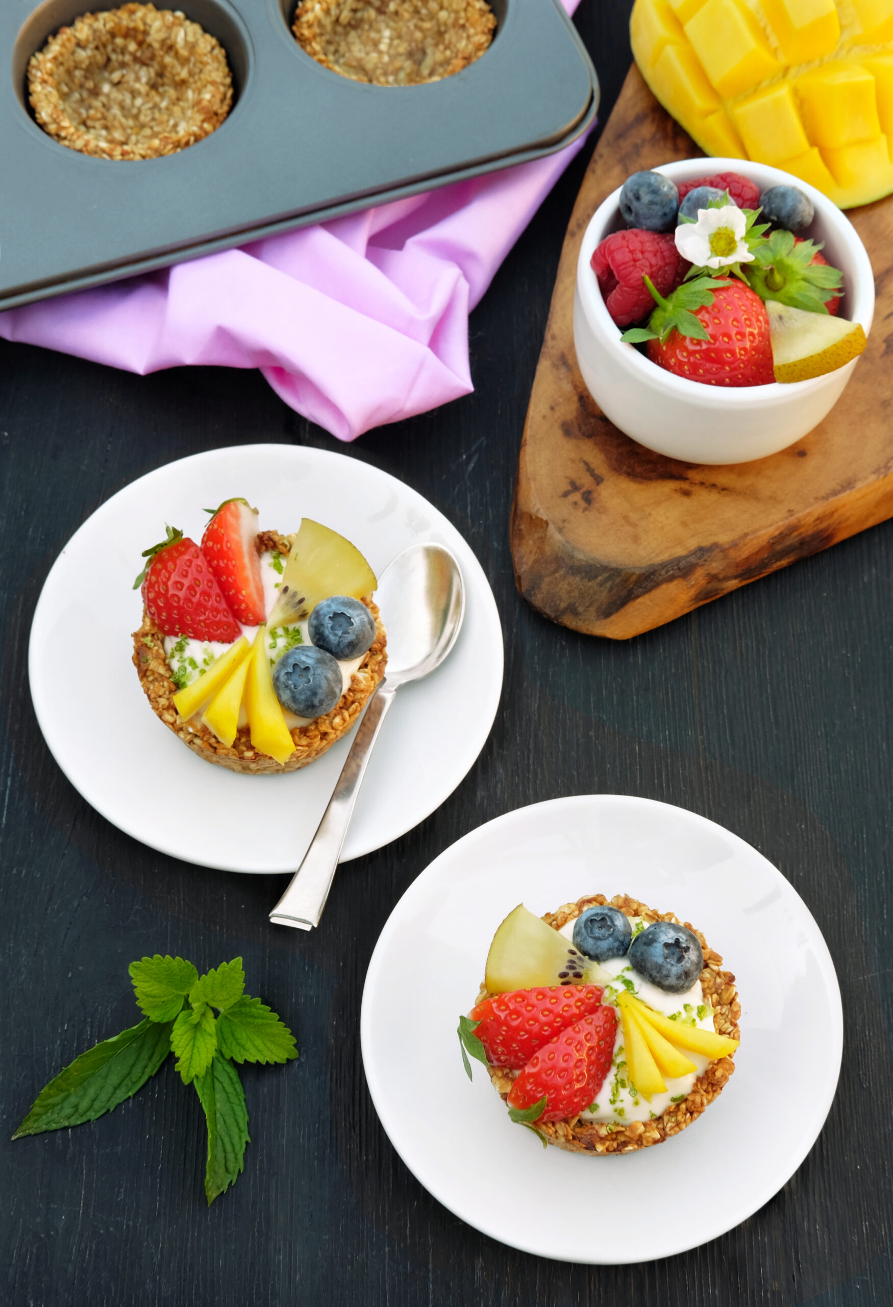 Baked oaty nests filled with fruit and yoghurt