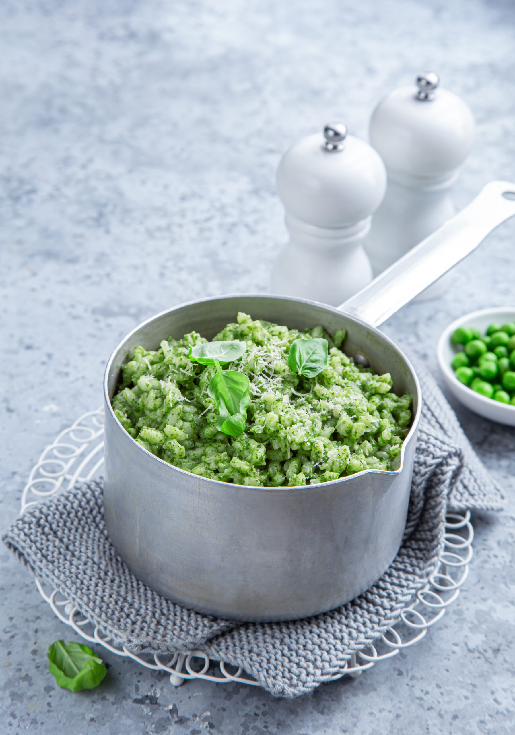 Pea risotto in a bowl
