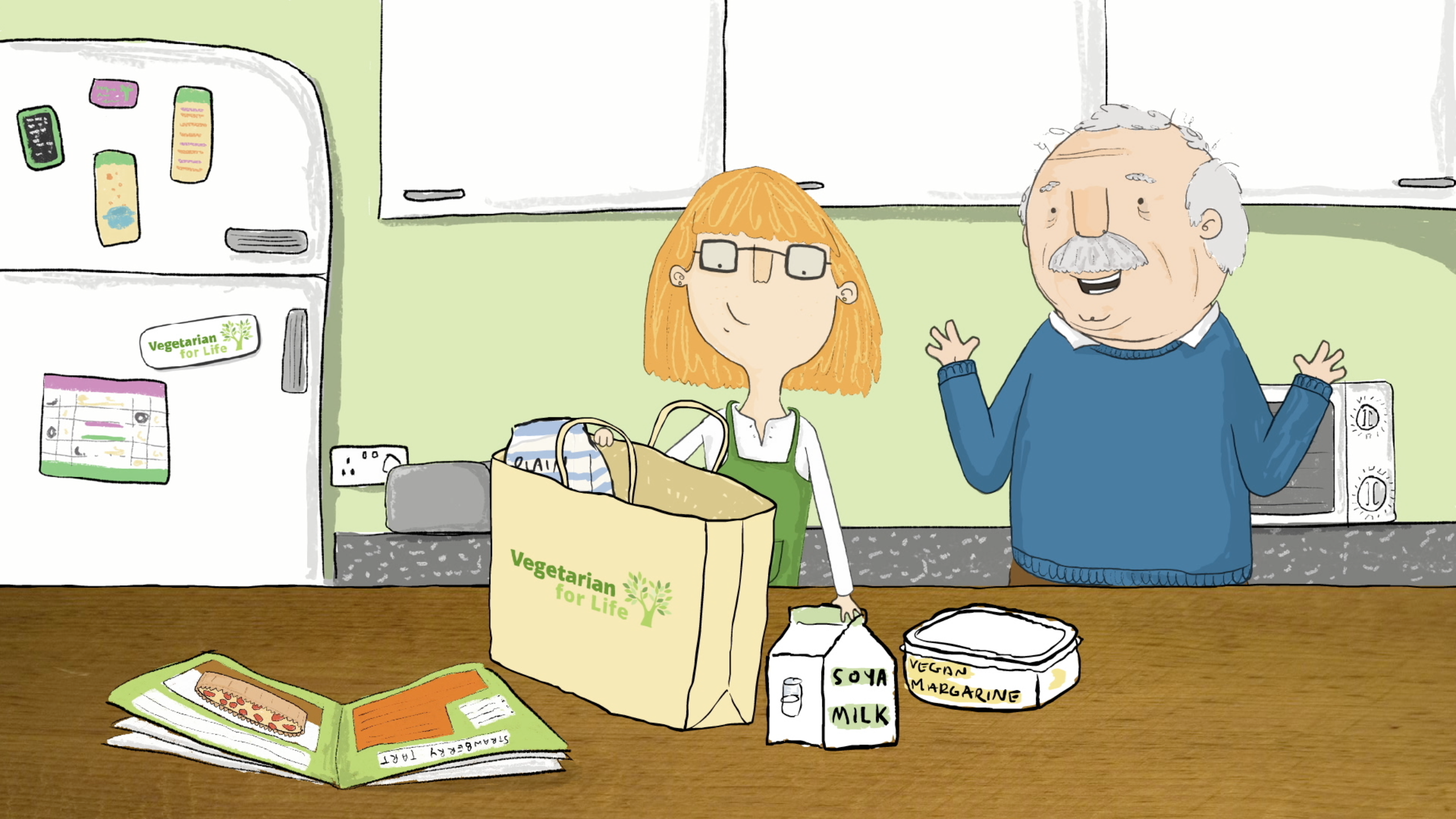Illustration of a carer and an older man with shopping